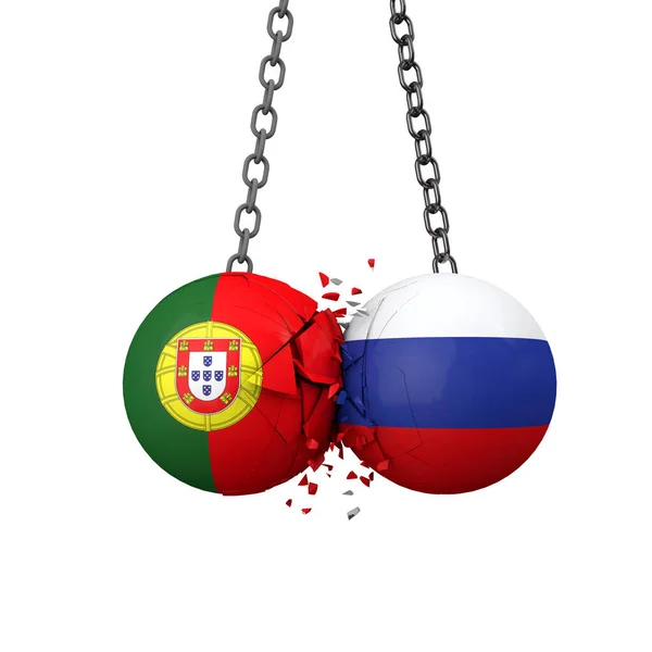 Rusia y Portugal concepto de tensiones políticas. Las bolas de demolición de la bandera nacional rompen juntas. Renderizado 3D — Foto de Stock