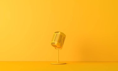Parlak sarı bir arka plana karşı klasik tarzda mikrofon. 3B Hazırlama