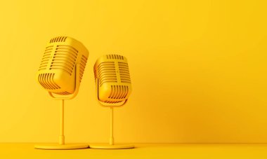 Vintage style microphone against a plain bright yellow background. 3D Rendering clipart