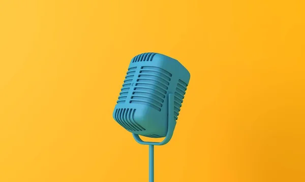 Micrófono de estilo vintage sobre un fondo liso y amarillo brillante. Renderizado 3D — Foto de Stock