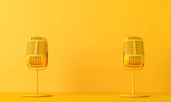 Mikrofon im Vintage-Stil vor einem schlichten, leuchtend gelben Hintergrund. 3D-Rendering — Stockfoto