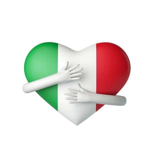 意大利国旗的心脏被拥抱着。3D渲染 — 图库照片