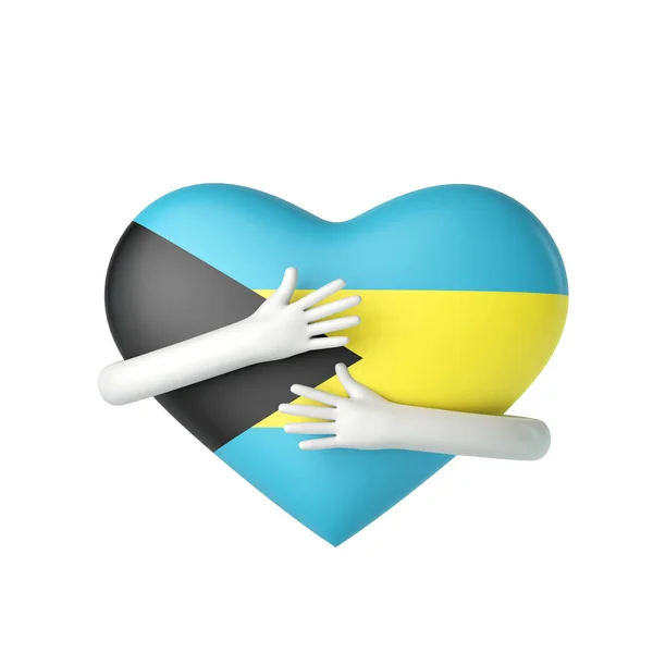 Bahamas bandeira coração sendo abraçado por armas. Renderização 3D — Fotografia de Stock