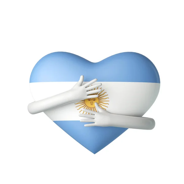 Сердце флага Аргентины обнимают руками. 3D рендеринг — стоковое фото