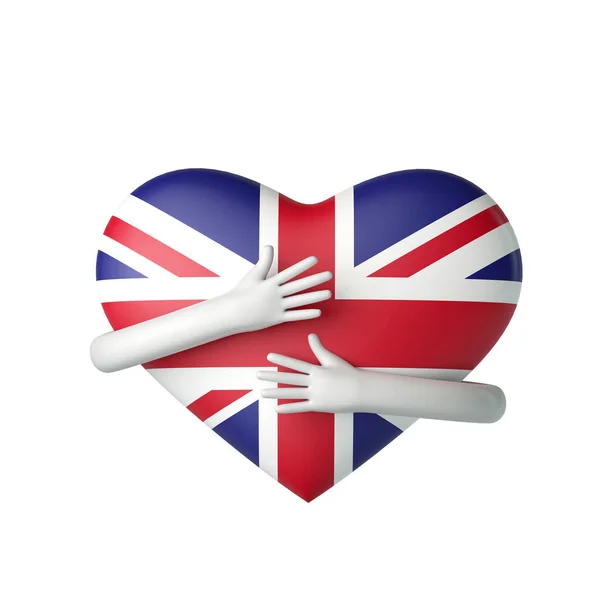 Verenigd Koninkrijk vlaggenhart wordt geknuffeld door armen. 3D-weergave — Stockfoto
