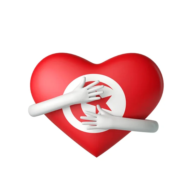 Tunísia bandeira coração sendo abraçado por armas. Renderização 3D — Fotografia de Stock