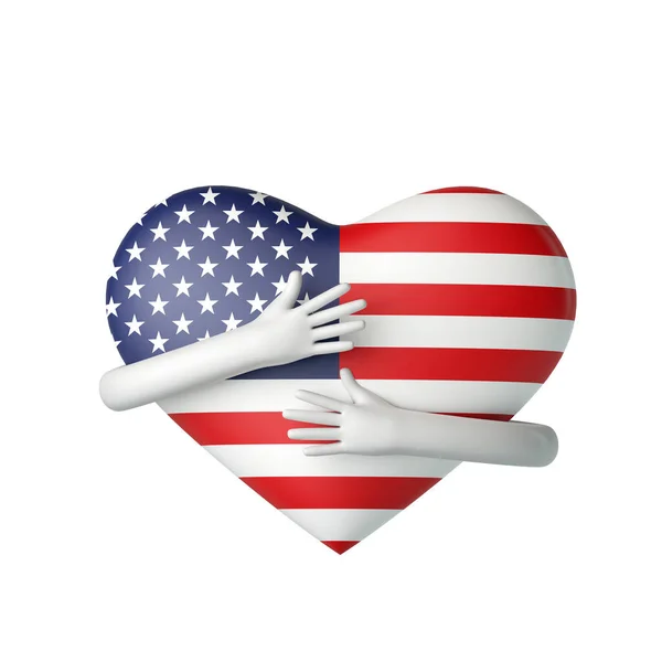 米国の国旗の心の腕によって抱擁されている。3Dレンダリング — ストック写真