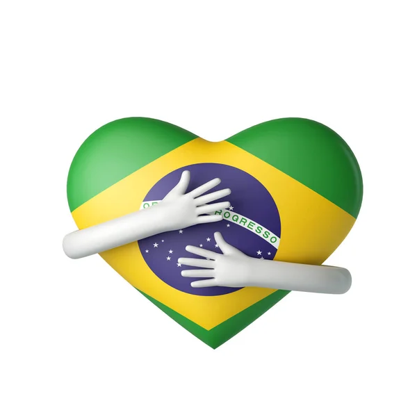 Corazón de la bandera de Brasil siendo abrazado por las armas. Renderizado 3D —  Fotos de Stock