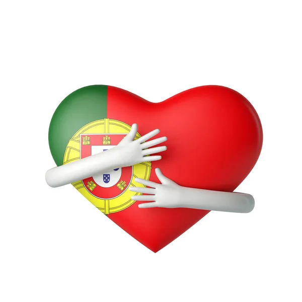 Portugals Flaggenherz wird von den Armen umarmt. 3D-Rendering — Stockfoto