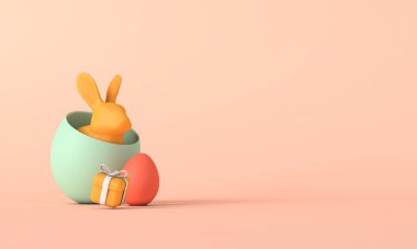 Paskalya yumurtasının içinde paskalya tavşanı. Mutlu Paskalya bahar arkaplanları. 3B Hazırlama