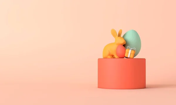 Счастливая закуска с яйцами кролика и подарками. 3D рендеринг — стоковое фото