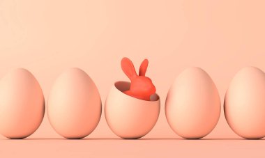 Paskalya yumurtasının içinde paskalya tavşanı. Mutlu Paskalya bahar arkaplanları. 3B Hazırlama