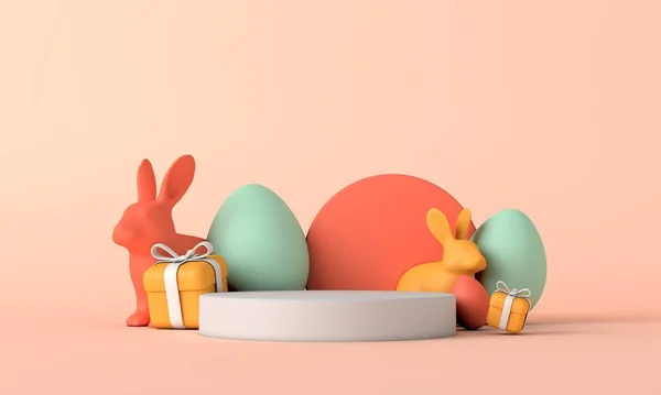 Happy easter podium background with easter bunny eggs and gifts. 3D Rendering — Stock Photo, Image