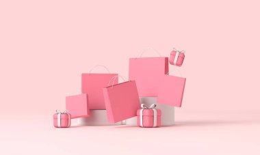 Online alışveriş indirimi afişi, kese kağıtları ve hediyeler. 3B Hazırlama