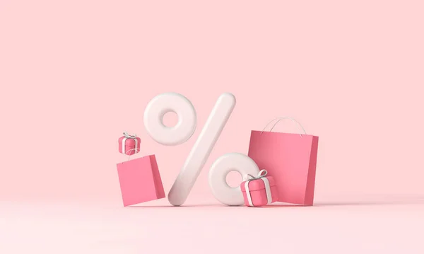 Banner de desconto de compras on-line com sacos de papel e presentes. Renderização 3D — Fotografia de Stock