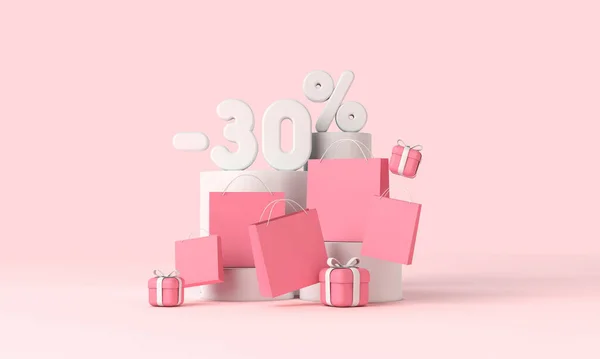 Banner de desconto de compras on-line com sacos de papel e presentes. Renderização 3D — Fotografia de Stock