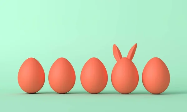 红色的蛋，有可爱的兔子耳朵。复活节背景。3D渲染 — 图库照片