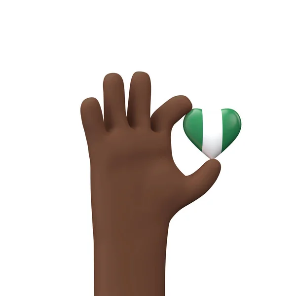 Mano sosteniendo una bandera nigeria corazón. Concepto de unión comunitaria. Renderizado 3D — Foto de Stock
