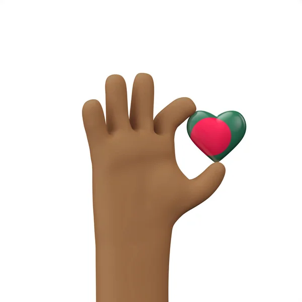 Mão segurando um coração de bandeira de Bangladesh. Conceito de união comunitária. Renderização 3D — Fotografia de Stock