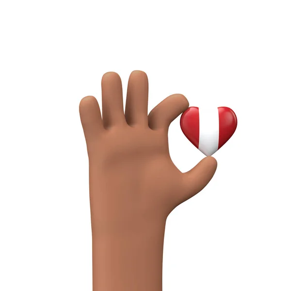 Mano con un cuore di bandiera in perù. Concetto di unione comunitaria. Rendering 3D — Foto Stock