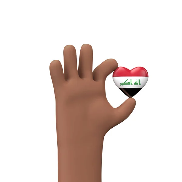 손에아 이라크 깃발 심장을 들고. 공동체간의 단합이라는 개념입니다. 3D 렌더링 — 스톡 사진