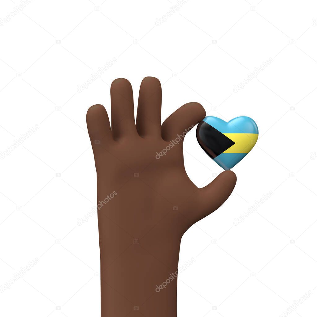 Hand holding a bahamas flag heart. Community togetherness concept. 3D Rendering