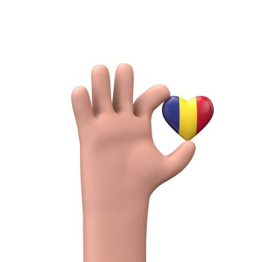 Romanya bayrağının kalbini tutan bir el. Topluluk birliği konsepti. 3B Hazırlama