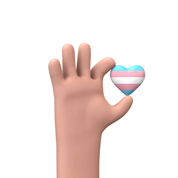 Mano sosteniendo un corazón de bandera transgénero. Concepto de unión comunitaria. Renderizado 3D — Foto de Stock