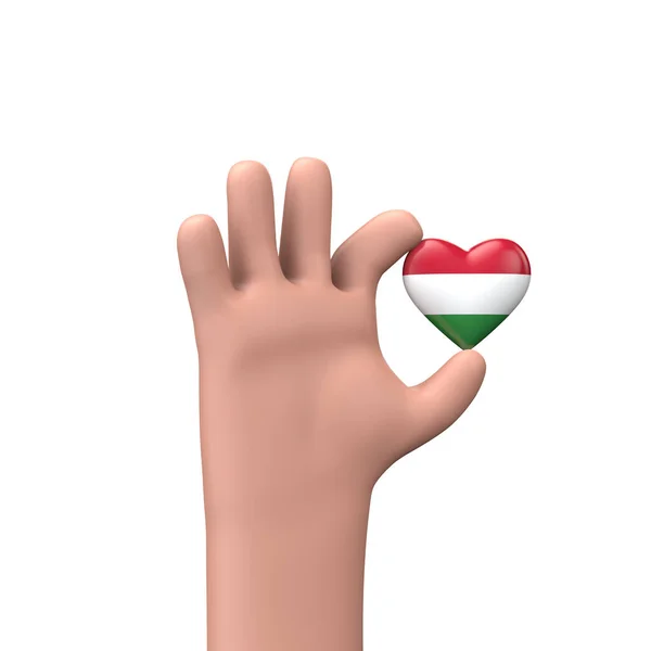 Ręka trzymająca serce węgierskiej flagi. Koncepcja wspólnoty. Renderowanie 3D — Zdjęcie stockowe