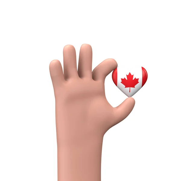 Die Hand hält ein Herz mit Canda-Flagge. Gemeinsames Miteinander. 3D-Rendering — Stockfoto