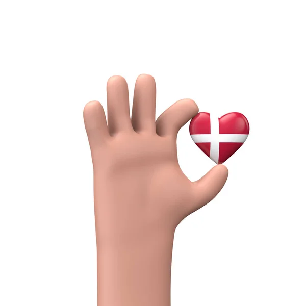 Hand holding a denmark flag heart. Community togetherness concept. 3D Rendering — Zdjęcie stockowe