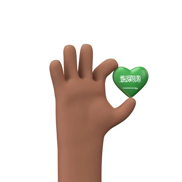Mão segurando um coração de bandeira de arábia Saudita. Conceito de união comunitária. Renderização 3D — Fotografia de Stock