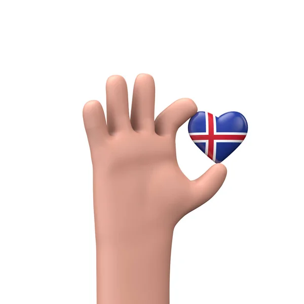 Ręka trzymająca serce z flagą Iceland. Koncepcja wspólnoty. Renderowanie 3D — Zdjęcie stockowe
