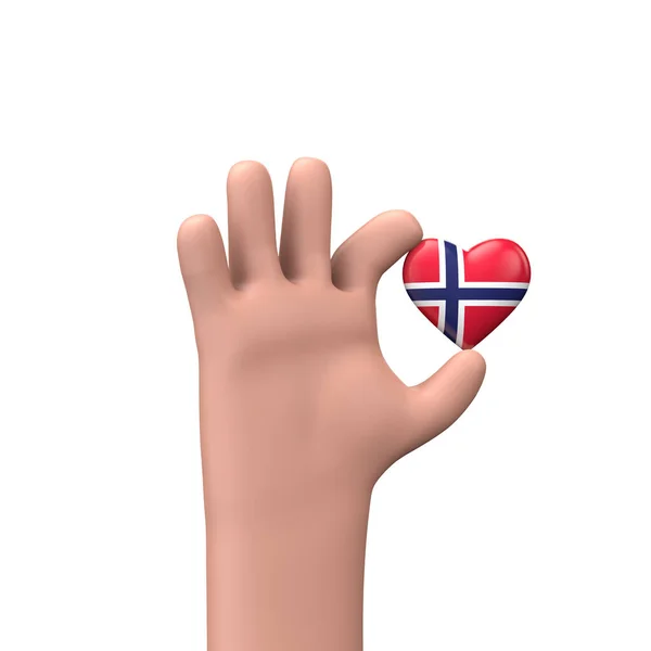 Hand som håller i ett norskt flagghjärta. Begreppet gemenskap. 3D-återgivning — Stockfoto