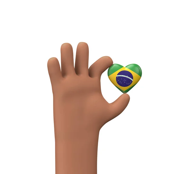 Χέρι κρατώντας μια καρδιά σημαία brazil. Η έννοια της ομαδικότητας. 3D απόδοση — Φωτογραφία Αρχείου