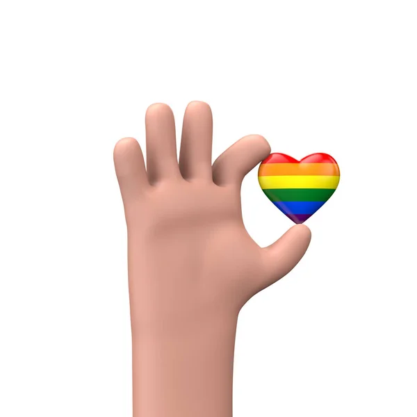 Hand holding a gay pride flag heart. Community togetherness concept. 3D Rendering — Photo