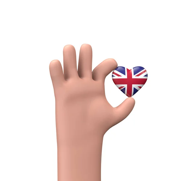 Χέρι κρατώντας μια βρετανική σημαία καρδιά. Η έννοια της ομαδικότητας. 3D απόδοση — Φωτογραφία Αρχείου