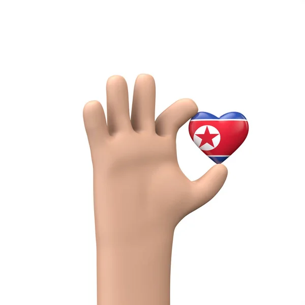 Mão segurando um coração de bandeira da Coréia do Norte. Conceito de união comunitária. Renderização 3D — Fotografia de Stock