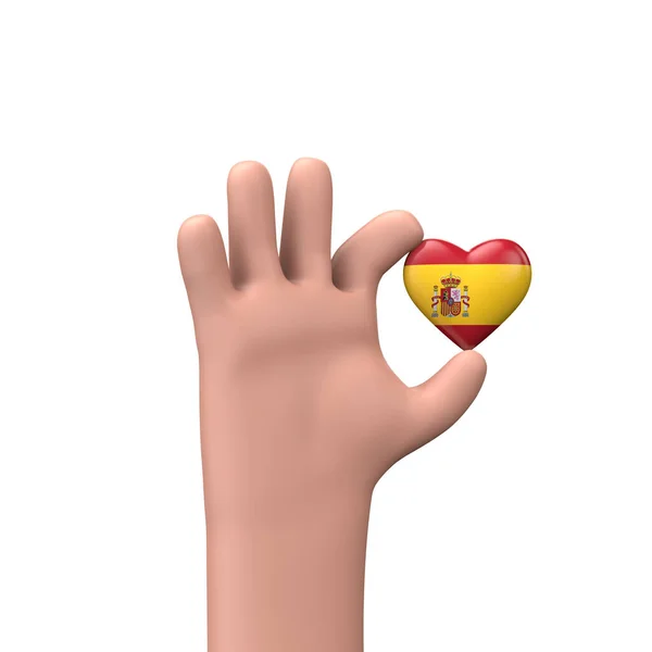 Hand holding a spain flag heart. Community togetherness concept. 3D Rendering — Stock Photo, Image