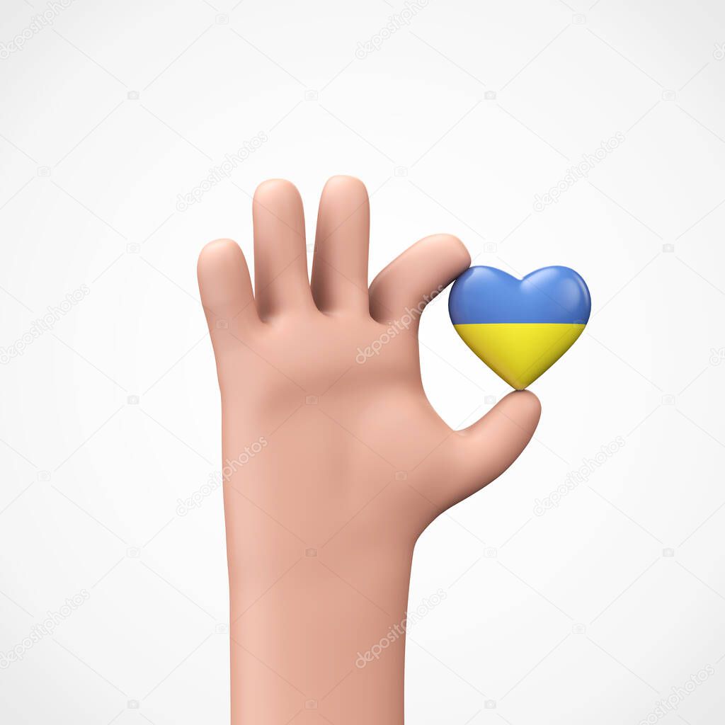 Hand holding a Ukraine flag heart. Community togetherness concept. 3D Rendering