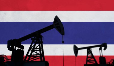 Petrol ve gaz endüstrisinin geçmişi. Tayland bayrağına karşı yağ pompası silueti. 3B Hazırlama