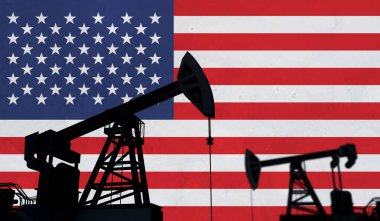 Petrol ve gaz endüstrisinin geçmişi. ABD bayrağına karşı yağ pompası silueti. 3B Hazırlama