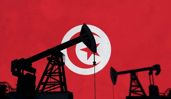 Нафтова і газова промисловість. Силует олійної помпи проти прапора тунізії. 3D Рендерінг — стокове фото