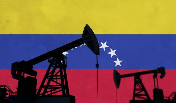 Oil and gas industry background. Oil pump silhouette against venezuela flag. 3D Rendering — Photo