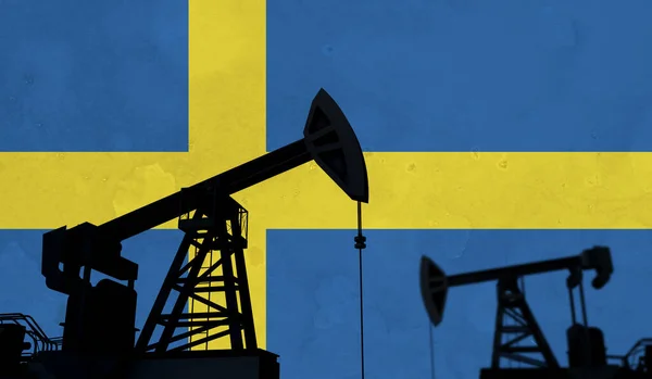 Oil and gas industry background. Oil pump silhouette against sweden flag. 3D Rendering — Foto de Stock