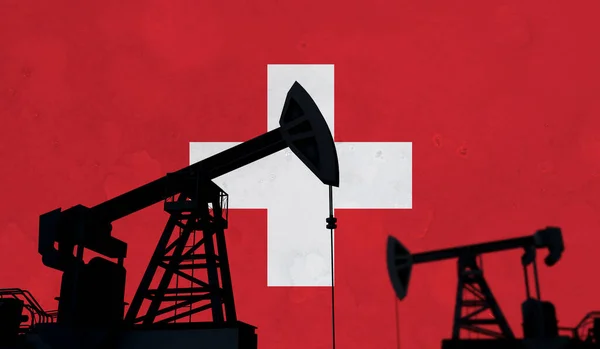 石油・ガス産業の背景。スイスフラグに対するオイルポンプシルエット。3Dレンダリング — ストック写真