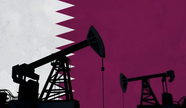 Kontekst przemysłu naftowego i gazowego. Sylwetka pompy olejowej przeciwko fladze Kataru. Renderowanie 3D — Zdjęcie stockowe