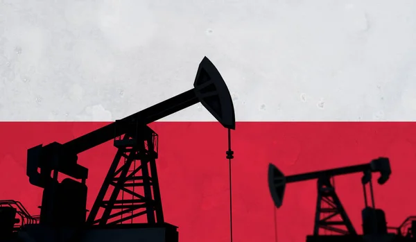 Oil and gas industry background. Oil pump silhouette against poland flag. 3D Rendering — Stok fotoğraf