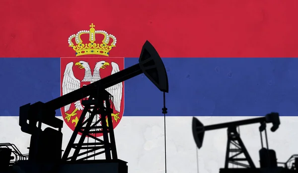 Oil and gas industry background. Oil pump silhouette against serbia flag. 3D Rendering — Foto de Stock
