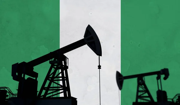 Нафтова і газова промисловість. Силует олійної помпи проти нігерійського прапора. 3D Рендерінг — стокове фото